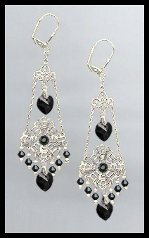 Swarovski Jet Black Heart Filigree Earrings