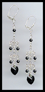 Jet Black Crystal Heart Dangle Earrings