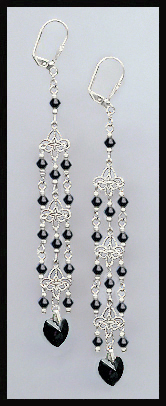 Jet Black Crystal Heart Chandelier Earrings
