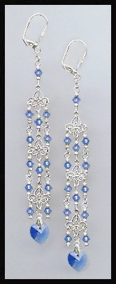 Sapphire Blue Crystal Heart Chandelier Earrings