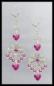 Swarovski Fuchsia Pink Heart Filigree Earrings