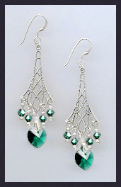 Emerald Green Filigree Heart Earrings