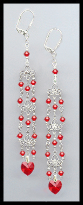 Cherry Red Crystal Heart Chandelier Earrings