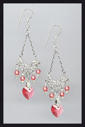 Coral Sunset Crystal Heart Earrings