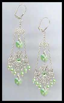 Swarovski Peridot Green Heart Filigree Earrings