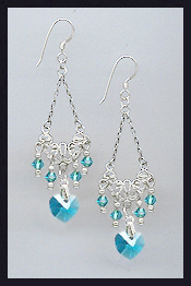 Teal Blue Crystal Heart Earrings