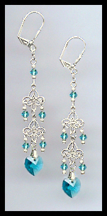 Teal Blue Crystal Heart Dangle Earrings