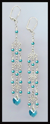 Teal Blue Crystal Heart Chandelier Earrings
